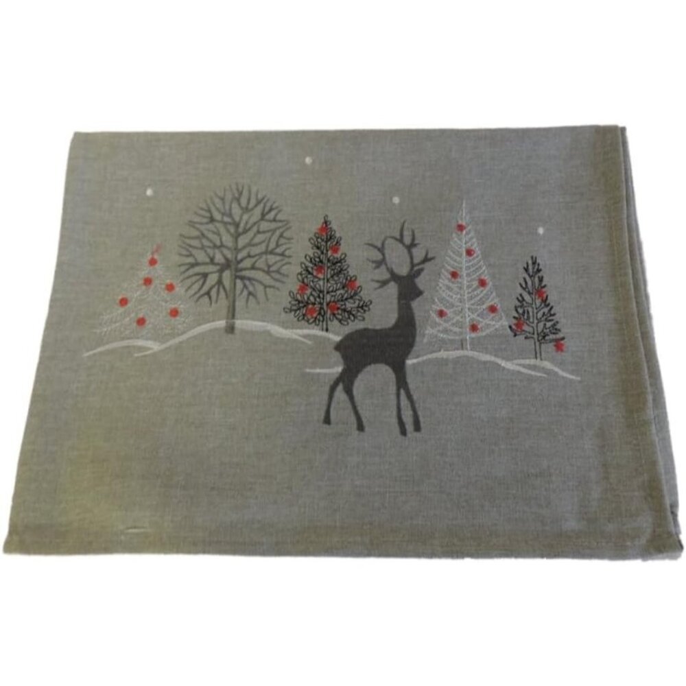 K&K Tabletops Reindeer Table Runner - 16"x72" - Reindeer/Trees/Snow - Soft Grey - Picture 2 of 2